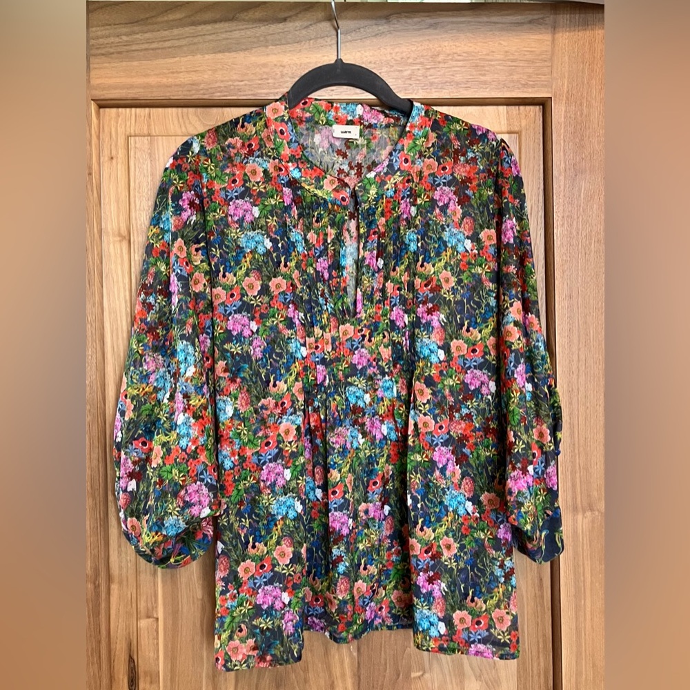 EUC WARM LOVE STREET Cropped Cotton Floral Blouse Size 3 (L) Green/Teal/Coral